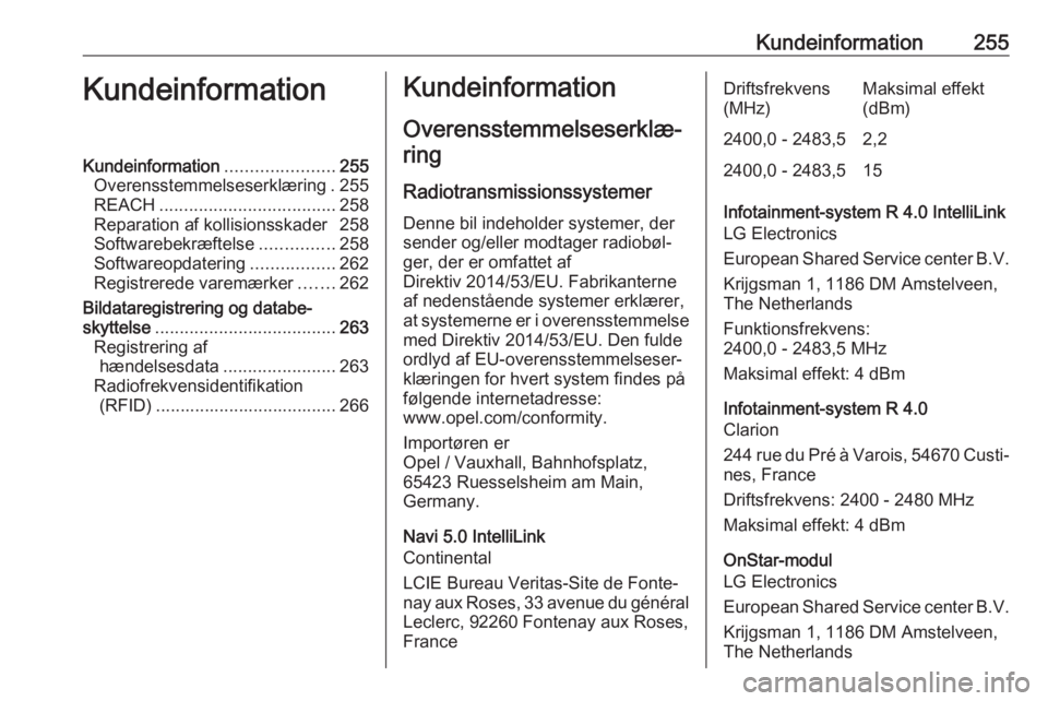 OPEL GRANDLAND X 2019  Instruktionsbog (in Danish) Kundeinformation255KundeinformationKundeinformation......................255
Overensstemmelseserklæring . 255
REACH .................................... 258
Reparation af kollisionsskader 258
Softwar