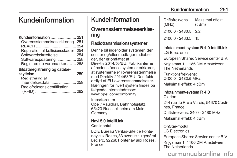 OPEL GRANDLAND X 2019.75 Instruktionsbog (in Danish) Kundeinformation251KundeinformationKundeinformation......................251
Overensstemmelseserklæring . 251
REACH .................................... 254
Reparation af kollisionsskader 254
Softwar OPEL GRANDLAND X 2019.75 Instruktionsbog (in Danish) Kundeinformation251KundeinformationKundeinformation......................251
Overensstemmelseserklæring . 251
REACH .................................... 254
Reparation af kollisionsskader 254
Softwar
