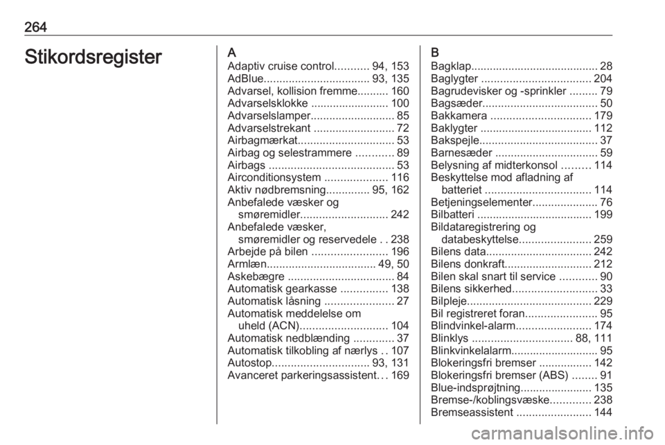 OPEL GRANDLAND X 2019.75  Instruktionsbog (in Danish) 264StikordsregisterAAdaptiv cruise control ...........94, 153
AdBlue .................................. 93, 135
Advarsel, kollision fremme.......... 160
Advarselsklokke ......................... 100
A