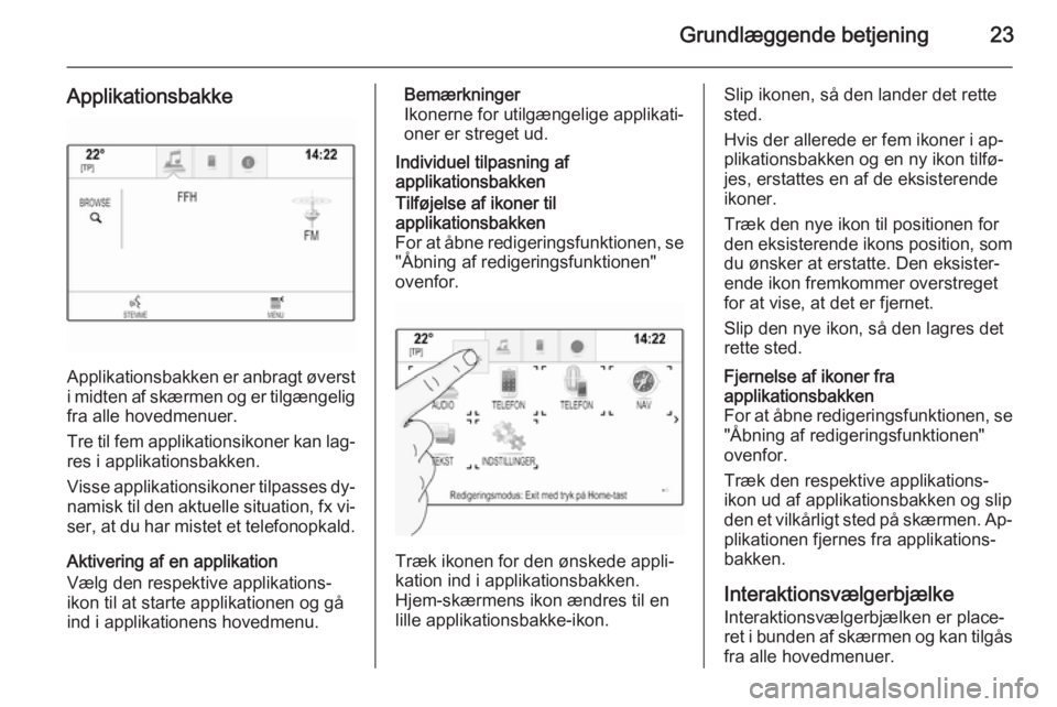OPEL INSIGNIA 2014.5 Instruktionsbog til Infotainment (in Danish) Grundlæggende betjening23
Applikationsbakke
Applikationsbakken er anbragt øversti midten af skærmen og er tilgængelig
fra alle hovedmenuer.
Tre til fem applikationsikoner kan lag‐
res i applikat OPEL INSIGNIA 2014.5 Instruktionsbog til Infotainment (in Danish) Grundlæggende betjening23
Applikationsbakke
Applikationsbakken er anbragt øversti midten af skærmen og er tilgængelig
fra alle hovedmenuer.
Tre til fem applikationsikoner kan lag‐
res i applikat