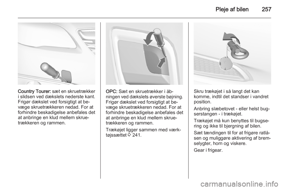 OPEL INSIGNIA 2015 Instruktionsbog (in Danish) Pleje af bilen257
Country Tourer: sæt en skruetrækker
i slidsen ved dækslets nederste kant.
Frigør dækslet ved forsigtigt at be‐
væge skruetrækkeren nedad. For at forhindre beskadigelse anbef OPEL INSIGNIA 2015 Instruktionsbog (in Danish) Pleje af bilen257
Country Tourer: sæt en skruetrækker
i slidsen ved dækslets nederste kant.
Frigør dækslet ved forsigtigt at be‐
væge skruetrækkeren nedad. For at forhindre beskadigelse anbef