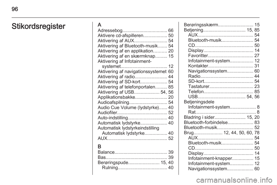 OPEL INSIGNIA 2015.5  Instruktionsbog til Infotainment (in Danish) 96StikordsregisterAAdressebog .................................. 66
Aktivere cd-afspilleren ..................50
Aktivering af AUX .........................54
Aktivering af Bluetooth-musik .......54
A