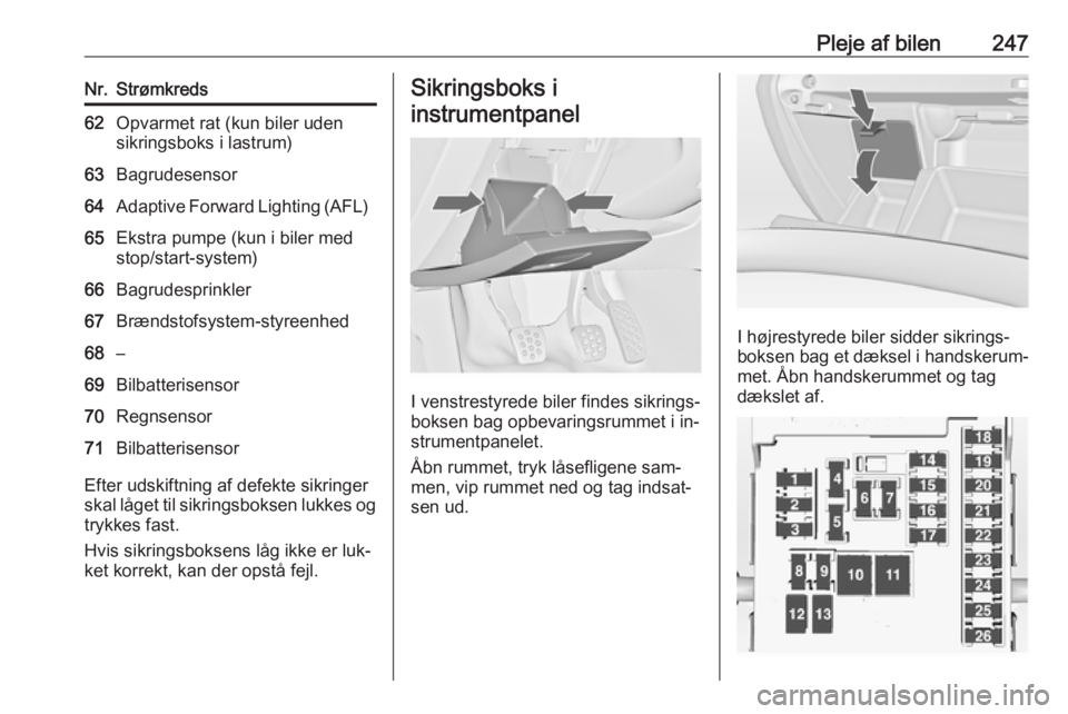 OPEL INSIGNIA 2016  Instruktionsbog (in Danish) Pleje af bilen247Nr.Strømkreds62Opvarmet rat (kun biler uden
sikringsboks i lastrum)63Bagrudesensor64Adaptive Forward Lighting (AFL)65Ekstra pumpe (kun i biler med
stop/start-system)66Bagrudesprinkle