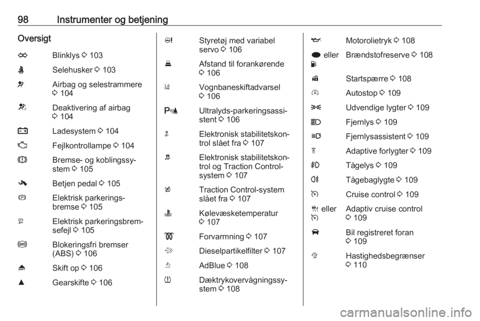 OPEL INSIGNIA 2016  Instruktionsbog (in Danish) 98Instrumenter og betjeningOversigtOBlinklys 3 103XSelehusker  3 103vAirbag og selestrammere
3  104VDeaktivering af airbag
3  104pLadesystem  3 104ZFejlkontrollampe  3 104RBremse- og koblingssy‐
ste