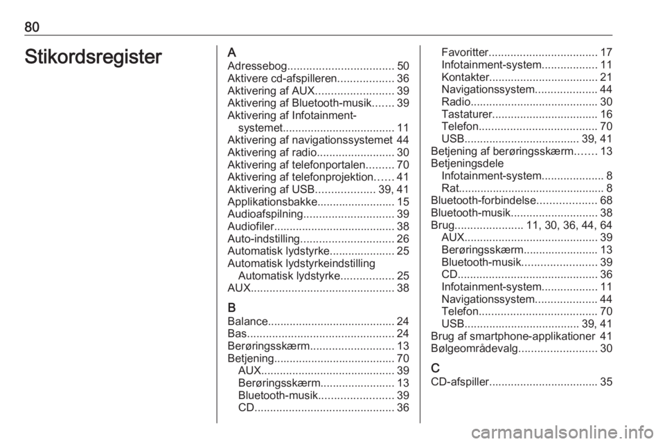 OPEL INSIGNIA 2017 Instruktionsbog til Infotainment (in Danish) 80StikordsregisterAAdressebog .................................. 50
Aktivere cd-afspilleren ..................36
Aktivering af AUX .........................39
Aktivering af Bluetooth-musik .......39
A OPEL INSIGNIA 2017 Instruktionsbog til Infotainment (in Danish) 80StikordsregisterAAdressebog .................................. 50
Aktivere cd-afspilleren ..................36
Aktivering af AUX .........................39
Aktivering af Bluetooth-musik .......39
A