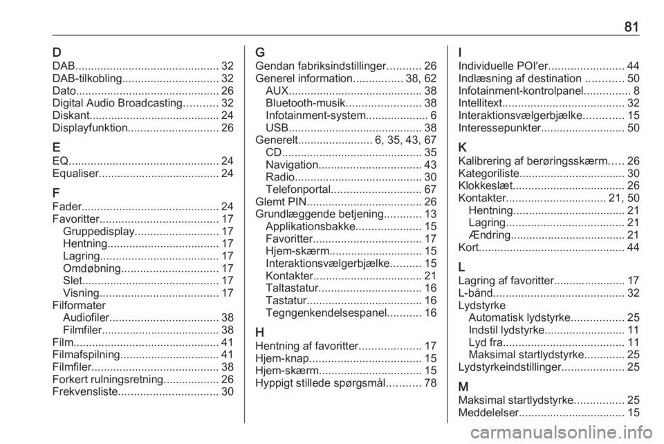 OPEL INSIGNIA 2017 Instruktionsbog til Infotainment (in Danish) 81DDAB .............................................. 32
DAB-tilkobling ............................... 32
Dato .............................................. 26
Digital Audio Broadcasting ........... OPEL INSIGNIA 2017 Instruktionsbog til Infotainment (in Danish) 81DDAB .............................................. 32
DAB-tilkobling ............................... 32
Dato .............................................. 26
Digital Audio Broadcasting ...........