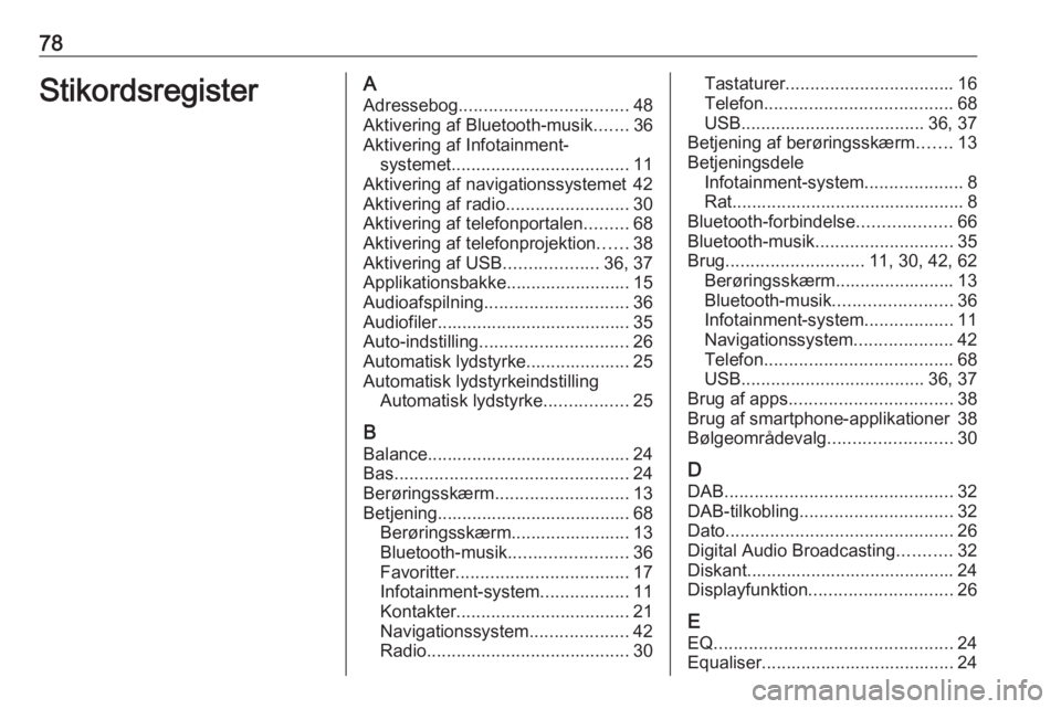 OPEL INSIGNIA BREAK 2018 Instruktionsbog til Infotainment (in Danish) 78StikordsregisterAAdressebog .................................. 48
Aktivering af Bluetooth-musik .......36
Aktivering af Infotainment- systemet .................................... 11
Aktivering af n OPEL INSIGNIA BREAK 2018 Instruktionsbog til Infotainment (in Danish) 78StikordsregisterAAdressebog .................................. 48
Aktivering af Bluetooth-musik .......36
Aktivering af Infotainment- systemet .................................... 11
Aktivering af n