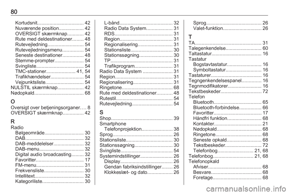 OPEL INSIGNIA BREAK 2018.5 Instruktionsbog til Infotainment (in Danish) 80Kortudsnit.................................. 42
Nuværende position ..................42
OVERSIGT skærmknap ............42
Rute med deldestinationer ........48
Rutevejledning ...................... OPEL INSIGNIA BREAK 2018.5 Instruktionsbog til Infotainment (in Danish) 80Kortudsnit.................................. 42
Nuværende position ..................42
OVERSIGT skærmknap ............42
Rute med deldestinationer ........48
Rutevejledning ......................