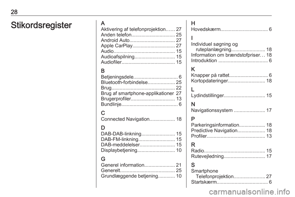 OPEL INSIGNIA BREAK 2019.5 Instruktionsbog til Infotainment (in Danish) 28StikordsregisterAAktivering af telefonprojektion ......27
Anden telefon ............................... 25
Android Auto ................................. 27
Apple CarPlay............................ OPEL INSIGNIA BREAK 2019.5 Instruktionsbog til Infotainment (in Danish) 28StikordsregisterAAktivering af telefonprojektion ......27
Anden telefon ............................... 25
Android Auto ................................. 27
Apple CarPlay............................
