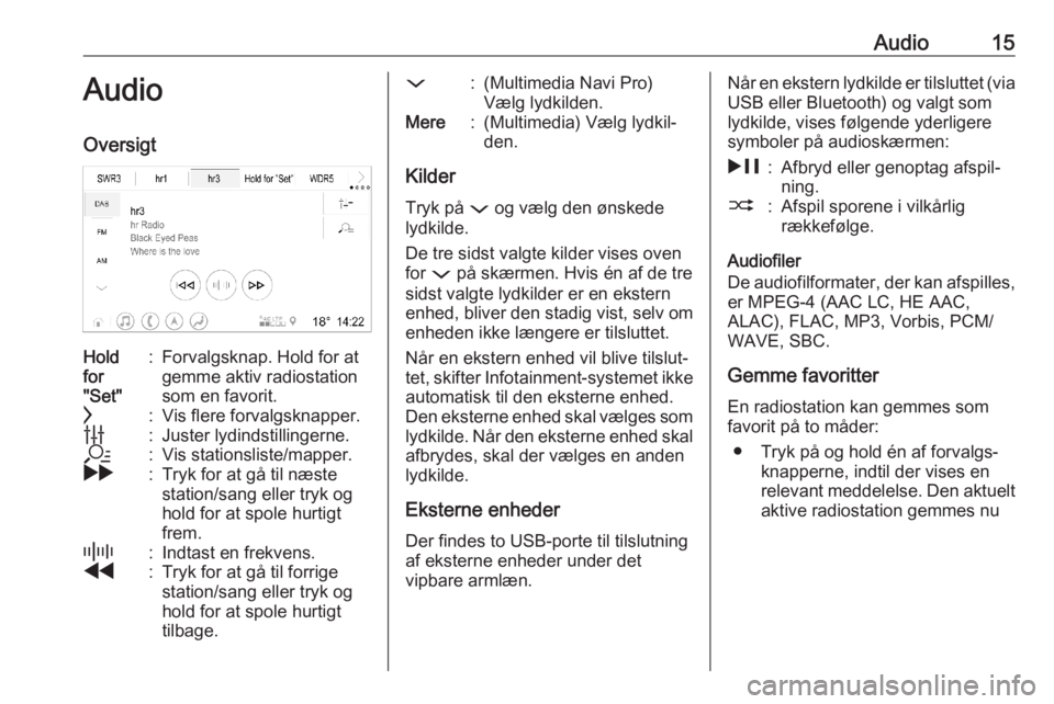 OPEL INSIGNIA BREAK 2020 Instruktionsbog til Infotainment (in Danish) Audio15AudioOversigtHold
for
"Set":Forvalgsknap. Hold for at
gemme aktiv radiostation
som en favorit.c:Vis flere forvalgsknapper.b:Juster lydindstillingerne.a:Vis stationsliste/mapper.g:Tryk f OPEL INSIGNIA BREAK 2020 Instruktionsbog til Infotainment (in Danish) Audio15AudioOversigtHold
for
"Set":Forvalgsknap. Hold for at
gemme aktiv radiostation
som en favorit.c:Vis flere forvalgsknapper.b:Juster lydindstillingerne.a:Vis stationsliste/mapper.g:Tryk f