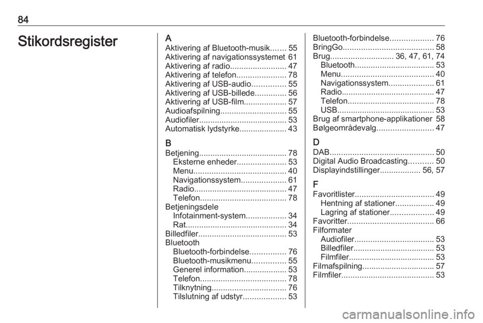 OPEL INSIGNIA BREAK 2020 Instruktionsbog til Infotainment (in Danish) 84StikordsregisterAAktivering af Bluetooth-musik .......55
Aktivering af navigationssystemet 61
Aktivering af radio .........................47
Aktivering af telefon ......................78
Aktiverin OPEL INSIGNIA BREAK 2020 Instruktionsbog til Infotainment (in Danish) 84StikordsregisterAAktivering af Bluetooth-musik .......55
Aktivering af navigationssystemet 61
Aktivering af radio .........................47
Aktivering af telefon ......................78
Aktiverin