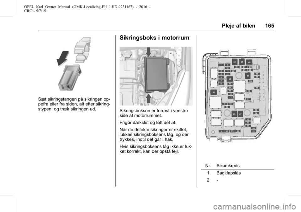 OPEL KARL 2015.75 Instruktionsbog (in Danish) OPEL Karl Owner Manual (GMK-Localizing-EU LHD-9231167) - 2016 -
CRC - 5/7/15
Pleje af bilen 165
Sæt sikringstangen på sikringen op-
pefra eller fra siden, alt efter sikring-
stypen, og træk sikring OPEL KARL 2015.75 Instruktionsbog (in Danish) OPEL Karl Owner Manual (GMK-Localizing-EU LHD-9231167) - 2016 -
CRC - 5/7/15
Pleje af bilen 165
Sæt sikringstangen på sikringen op-
pefra eller fra siden, alt efter sikring-
stypen, og træk sikring