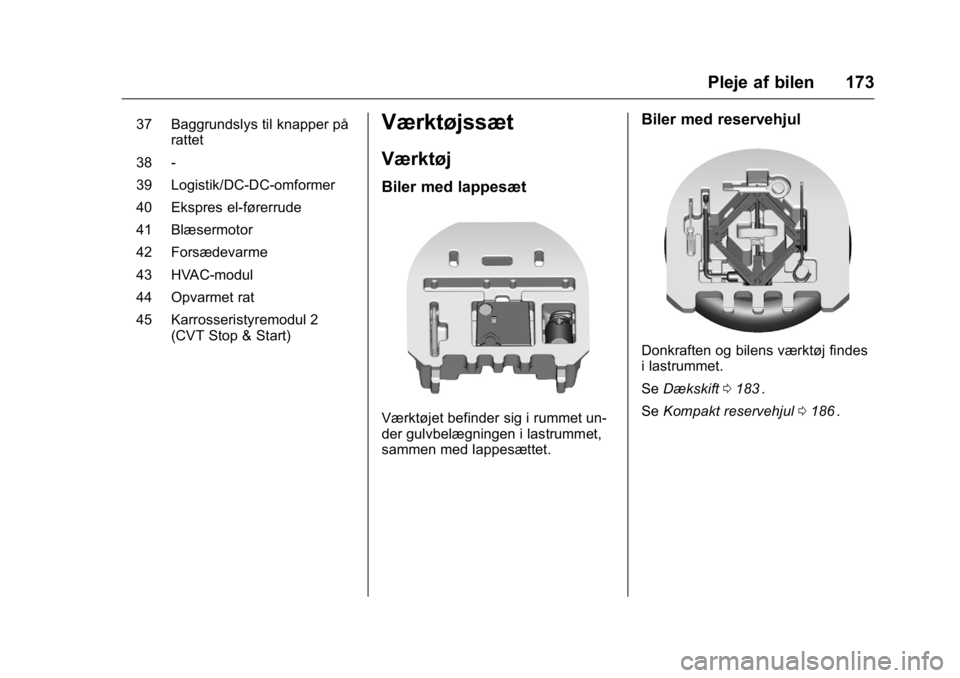 OPEL KARL 2016  Instruktionsbog (in Danish) OPEL Karl Owner Manual (GMK-Localizing-EU LHD-9231167) - 2016 - crc -
9/10/15
Pleje af bilen 173
37 Baggrundslys til knapper pårattet
38 -
39 Logistik/DC-DC-omformer
40 Ekspres el-førerrude
41 Blæs