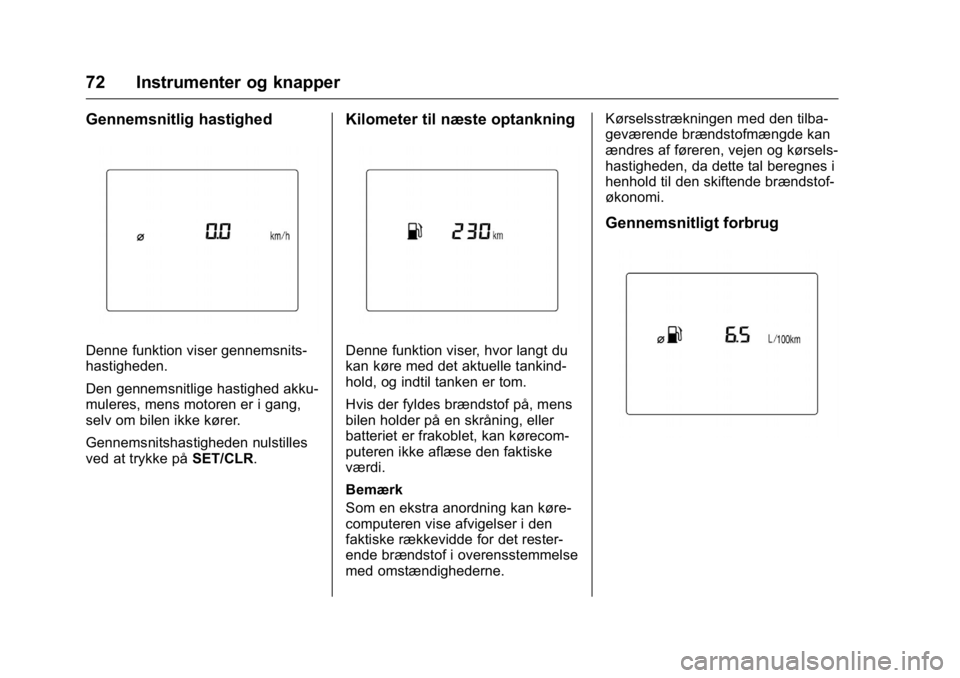 OPEL KARL 2016 Instruktionsbog (in Danish) OPEL Karl Owner Manual (GMK-Localizing-EU LHD-9231167) - 2016 - crc -
9/10/15
72 Instrumenter og knapper
Gennemsnitlig hastighed
Denne funktion viser gennemsnits-
hastigheden.
Den gennemsnitlige hasti OPEL KARL 2016 Instruktionsbog (in Danish) OPEL Karl Owner Manual (GMK-Localizing-EU LHD-9231167) - 2016 - crc -
9/10/15
72 Instrumenter og knapper
Gennemsnitlig hastighed
Denne funktion viser gennemsnits-
hastigheden.
Den gennemsnitlige hasti