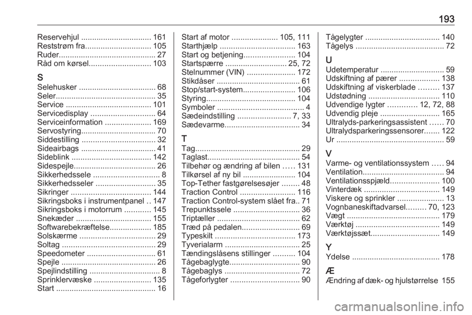OPEL KARL 2016.5  Instruktionsbog (in Danish) 193Reservehjul ................................ 161
Reststrøm fra .............................. 105
Ruder ............................................ 27
Råd om kørsel ............................