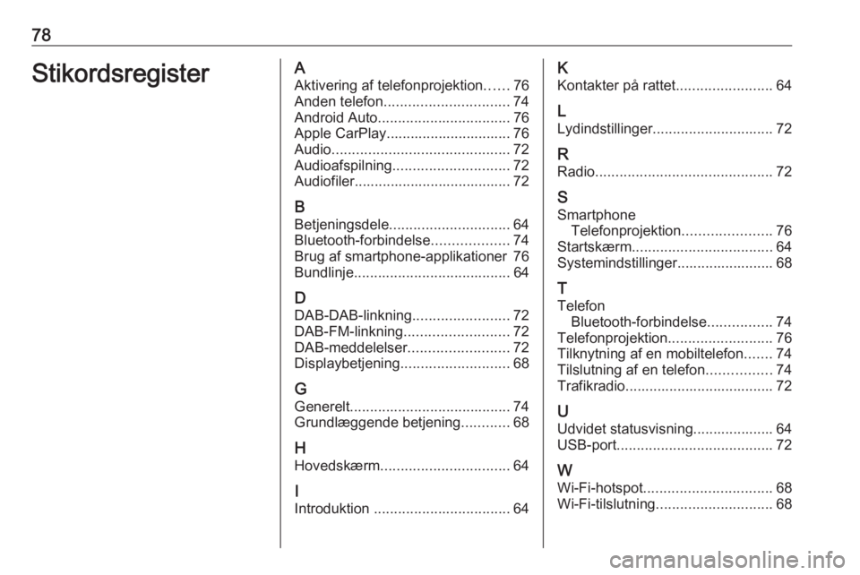 OPEL KARL 2019 Instruktionsbog til Infotainment (in Danish) 78StikordsregisterAAktivering af telefonprojektion ......76
Anden telefon ............................... 74
Android Auto ................................. 76
Apple CarPlay............................ OPEL KARL 2019 Instruktionsbog til Infotainment (in Danish) 78StikordsregisterAAktivering af telefonprojektion ......76
Anden telefon ............................... 74
Android Auto ................................. 76
Apple CarPlay............................