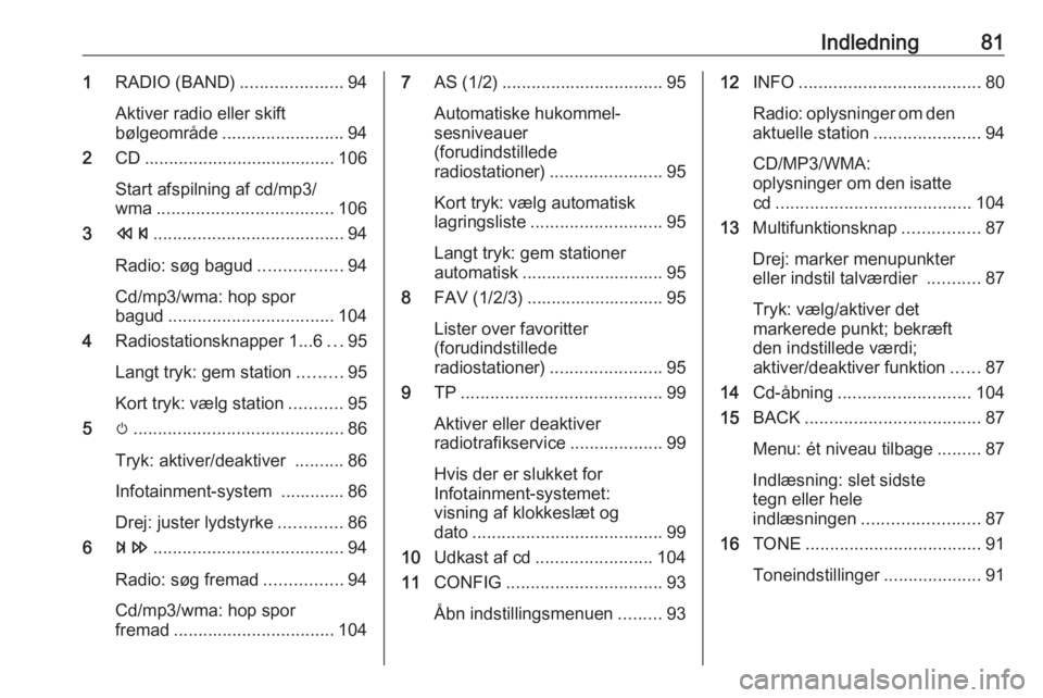 OPEL MERIVA 2016 Instruktionsbog til Infotainment (in Danish) Indledning811RADIO (BAND) .....................94
Aktiver radio eller skift
bølgeområde ......................... 94
2 CD....................................... 106
Start afspilning af cd/mp3/
wma . OPEL MERIVA 2016 Instruktionsbog til Infotainment (in Danish) Indledning811RADIO (BAND) .....................94
Aktiver radio eller skift
bølgeområde ......................... 94
2 CD....................................... 106
Start afspilning af cd/mp3/
wma .