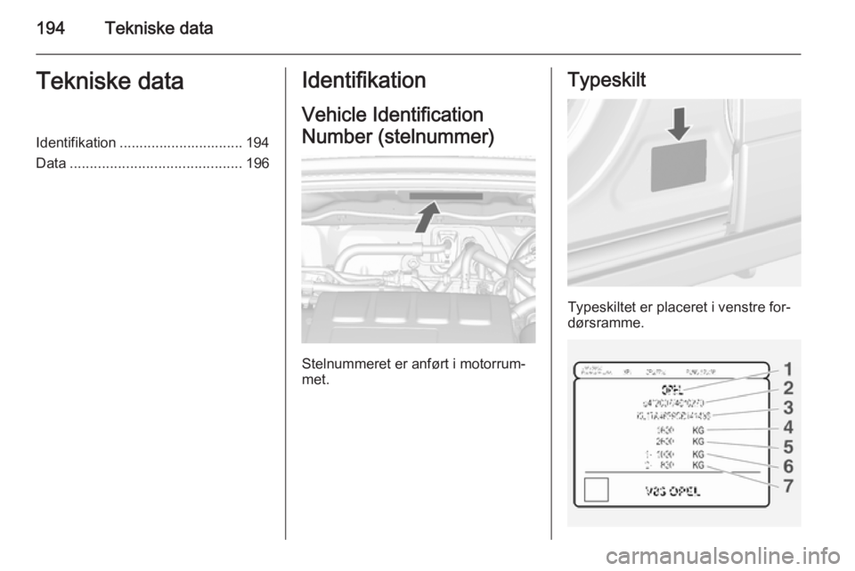 OPEL MOKKA 2014 Instruktionsbog (in Danish) 194Tekniske dataTekniske dataIdentifikation ............................... 194
Data ........................................... 196Identifikation
Vehicle Identification
Number (stelnummer)
Stelnummer OPEL MOKKA 2014 Instruktionsbog (in Danish) 194Tekniske dataTekniske dataIdentifikation ............................... 194
Data ........................................... 196Identifikation
Vehicle Identification
Number (stelnummer)
Stelnummer