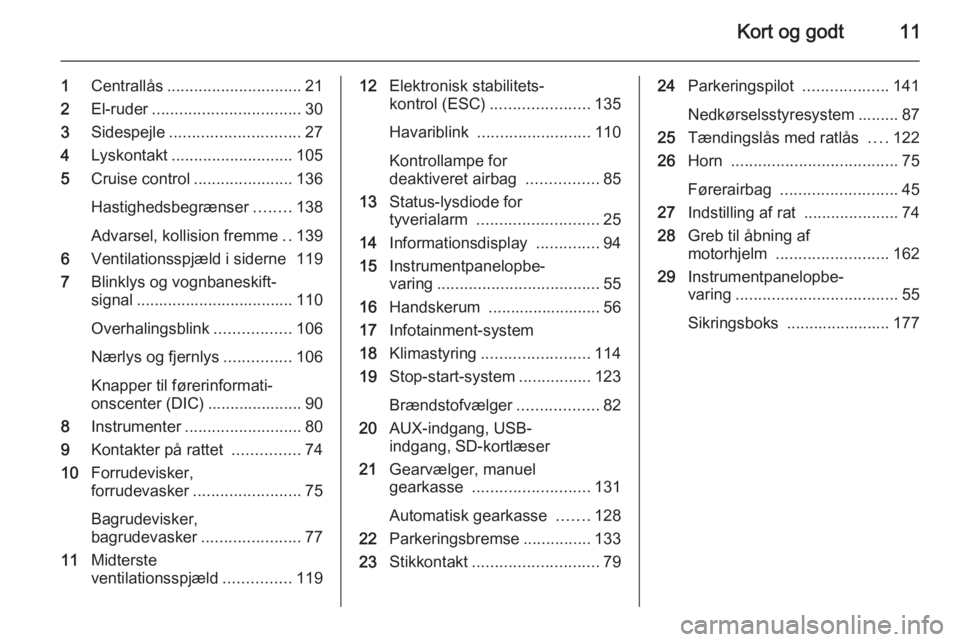OPEL MOKKA 2015.5  Instruktionsbog (in Danish) Kort og godt11
1Centrallås .............................. 21
2 El-ruder ................................. 30
3 Sidespejle ............................. 27
4 Lyskontakt ........................... 105
