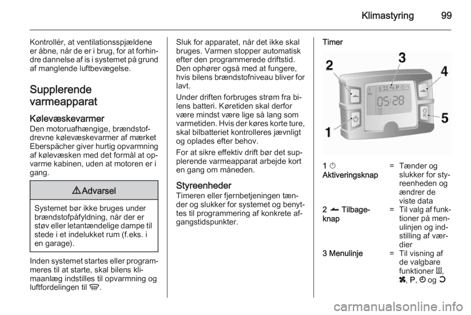 OPEL MOVANO_B 2014 Instruktionsbog (in Danish) Klimastyring99
Kontrollér, at ventilationsspjældene
er åbne, når de er i brug, for at forhin‐ dre dannelse af is i systemet på grund
af manglende luftbevægelse.
Supplerende
varmeapparat
Kølev OPEL MOVANO_B 2014 Instruktionsbog (in Danish) Klimastyring99
Kontrollér, at ventilationsspjældene
er åbne, når de er i brug, for at forhin‐ dre dannelse af is i systemet på grund
af manglende luftbevægelse.
Supplerende
varmeapparat
Kølev