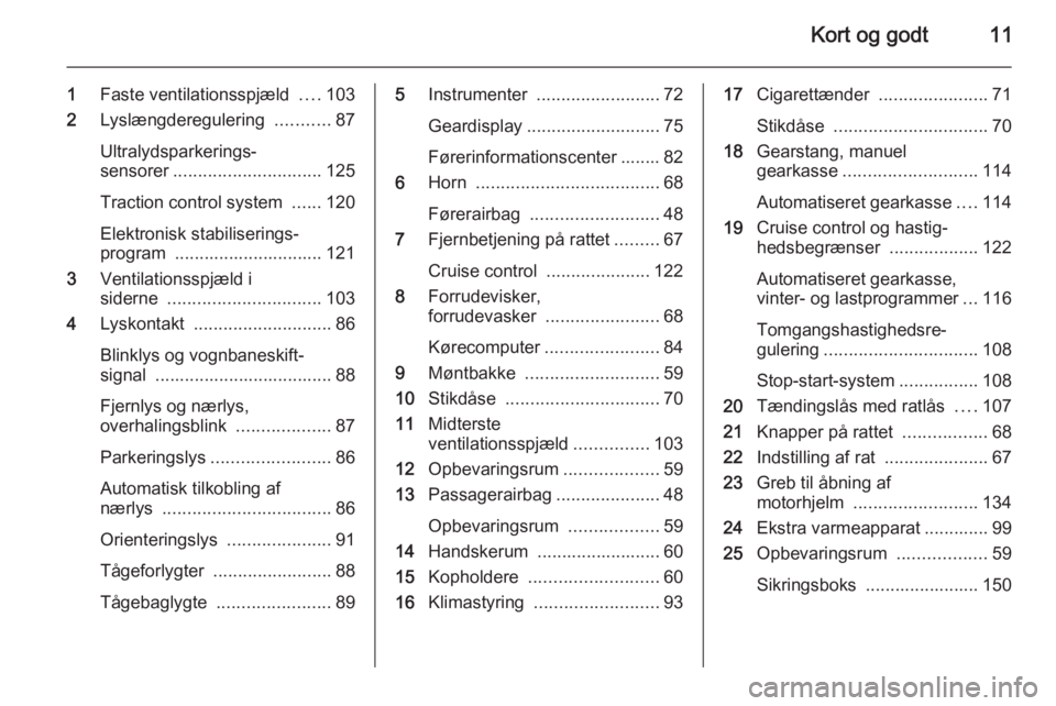 OPEL MOVANO_B 2015  Instruktionsbog (in Danish) Kort og godt11
1Faste ventilationsspjæld  ....103
2 Lyslængderegulering  ...........87
Ultralydsparkerings‐
sensorer .............................. 125
Traction control system  ......120
Elektroni
