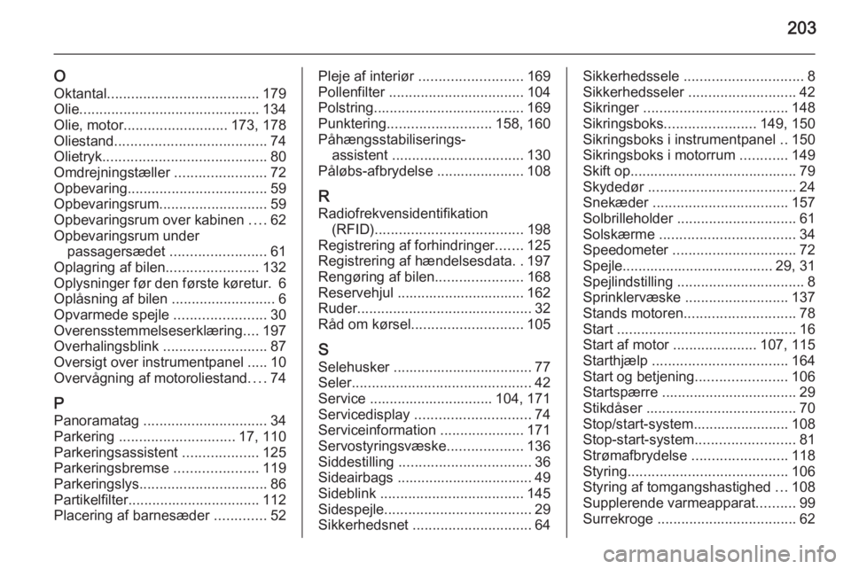 OPEL MOVANO_B 2015  Instruktionsbog (in Danish) 203
O
Oktantal ...................................... 179
Olie ............................................. 134
Olie, motor .......................... 173, 178
Oliestand .............................