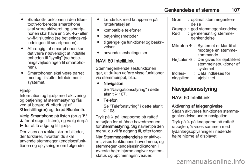 OPEL MOVANO_B 2017.5  Instruktionsbog til Infotainment (in Danish) Genkendelse af stemme107● Bluetooth-funktionen i den Blue‐tooth-forberedte smartphoneskal være aktiveret, og smartp‐
honen skal have en 3G-, 4G- eller
wi-fi-tilslutning (se betjeningsvej‐
led