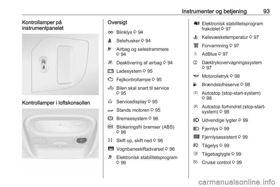 OPEL MOVANO_B 2017.5  Instruktionsbog (in Danish) Instrumenter og betjening93Kontrollamper på
instrumentpanelet
Kontrollamper i loftskonsollen
OversigtOBlinklys  3 94XSelehusker  3 94vAirbag og selestrammere
3  94WDeaktivering af airbag  3 94pLadesy