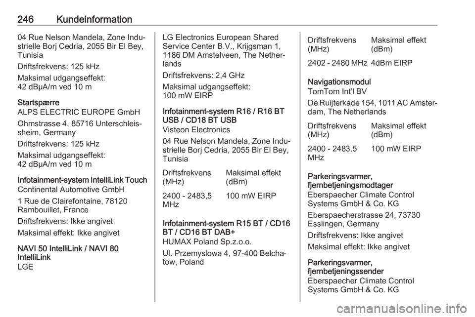 OPEL MOVANO_B 2018  Instruktionsbog (in Danish) 246Kundeinformation04 Rue Nelson Mandela, Zone Indu‐
strielle Borj Cedria, 2055 Bir El Bey,
Tunisia
Driftsfrekvens: 125 kHz
Maksimal udgangseffekt:
42 dBµA/m ved 10 m
Startspærre
ALPS ELECTRIC EUR