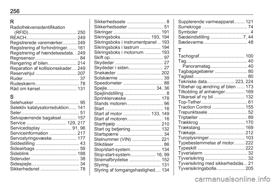 OPEL MOVANO_B 2018  Instruktionsbog (in Danish) 256RRadiofrekvensidentifikation (RFID) ..................................... 250
REACH ....................................... 249
Registrerede varemærker........... 249
Registrering af forhindringer