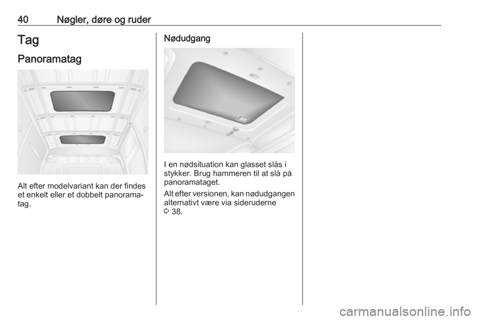 OPEL MOVANO_B 2018  Instruktionsbog (in Danish) 40Nøgler, døre og ruderTagPanoramatag
Alt efter modelvariant kan der findes
et enkelt eller et dobbelt panorama‐
tag.
Nødudgang
I en nødsituation kan glasset slås i
stykker. Brug hammeren til a