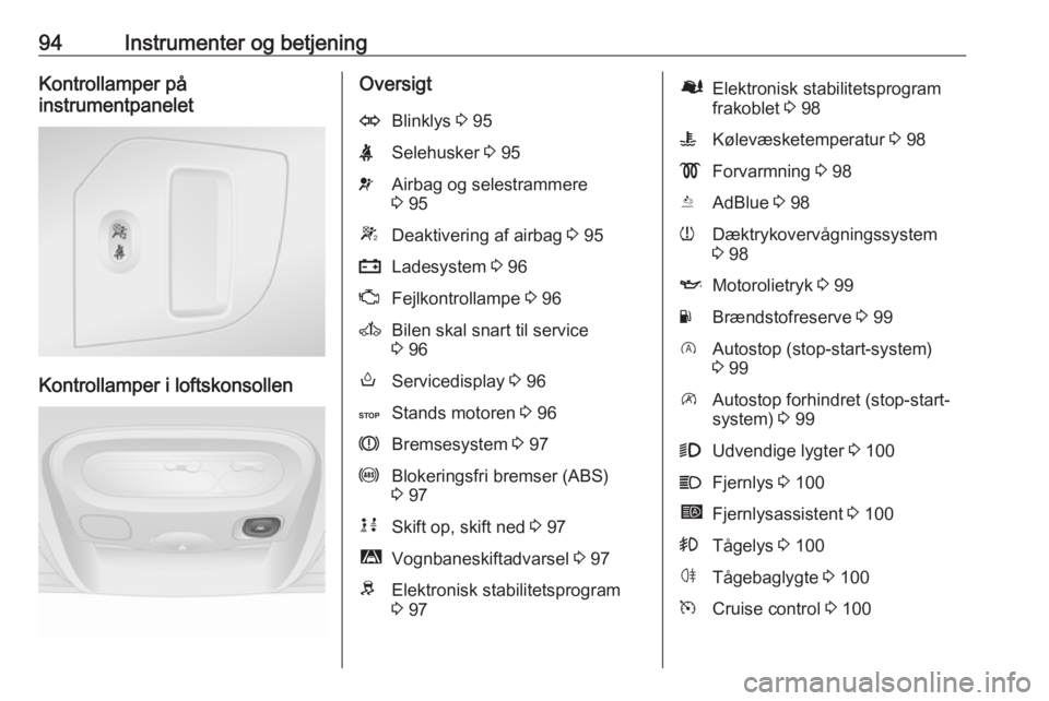 OPEL MOVANO_B 2018  Instruktionsbog (in Danish) 94Instrumenter og betjeningKontrollamper på
instrumentpanelet
Kontrollamper i loftskonsollen
OversigtOBlinklys  3 95XSelehusker  3 95vAirbag og selestrammere
3  95WDeaktivering af airbag  3 95pLadesy