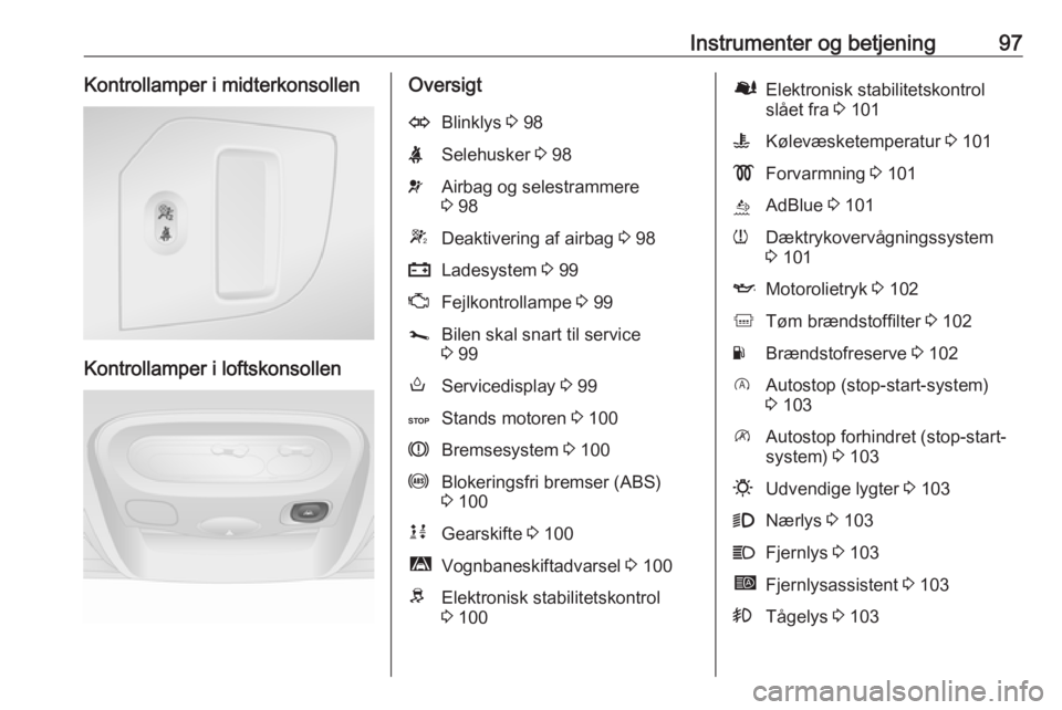 OPEL MOVANO_B 2019  Instruktionsbog (in Danish) Instrumenter og betjening97Kontrollamper i midterkonsollen
Kontrollamper i loftskonsollen
OversigtOBlinklys 3 98XSelehusker  3 98vAirbag og selestrammere
3  98WDeaktivering af airbag  3 98pLadesystem 