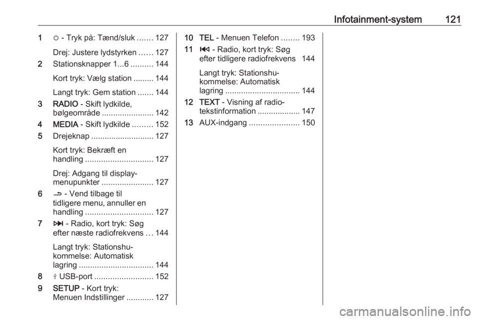 OPEL MOVANO_B 2020  Instruktionsbog (in Danish) Infotainment-system1211m - Tryk på: Tænd/sluk .......127
Drej: Justere lydstyrken ......127
2 Stationsknapper 1...6 ..........144
Kort tryk: Vælg station ......... 144
Langt tryk: Gem station .....