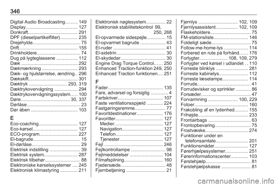 OPEL MOVANO_B 2020  Instruktionsbog (in Danish) 346Digital Audio Broadcasting.........149
Display ........................................ 127
Donkraft ...................................... 291
DPF (dieselpartikelfilter) .............235
Drejehyld