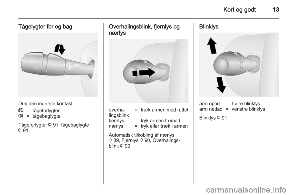 OPEL VIVARO B 2014.5  Instruktionsbog (in Danish) Kort og godt13
Tågelygter for og bag
Drej den inderste kontakt
>=tågeforlygterr=tågebaglygte
Tågeforlygter 3 91, tågebaglygte
3  91.
Overhalingsblink, fjernlys og
nærlysoverha‐
lingsblink=træ