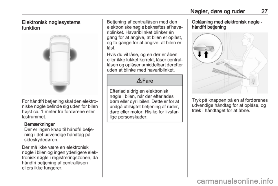 OPEL VIVARO B 2017.5  Instruktionsbog (in Danish) Nøgler, døre og ruder27Elektronisk nøglesystems
funktion
For håndfri betjening skal den elektro‐
niske nøgle befinde sig uden for bilen højst ca. 1 meter fra fordørene eller
lastrummet.
Bemæ