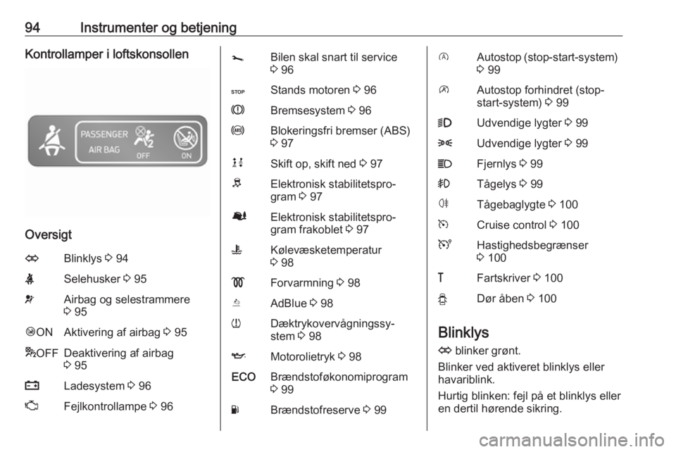 OPEL VIVARO B 2018.5  Instruktionsbog (in Danish) 94Instrumenter og betjeningKontrollamper i loftskonsollen
Oversigt
OBlinklys 3 94XSelehusker  3 95vAirbag og selestrammere
3  95Ó ONAktivering af airbag  3 95* OFFDeaktivering af airbag
3  95pLadesys