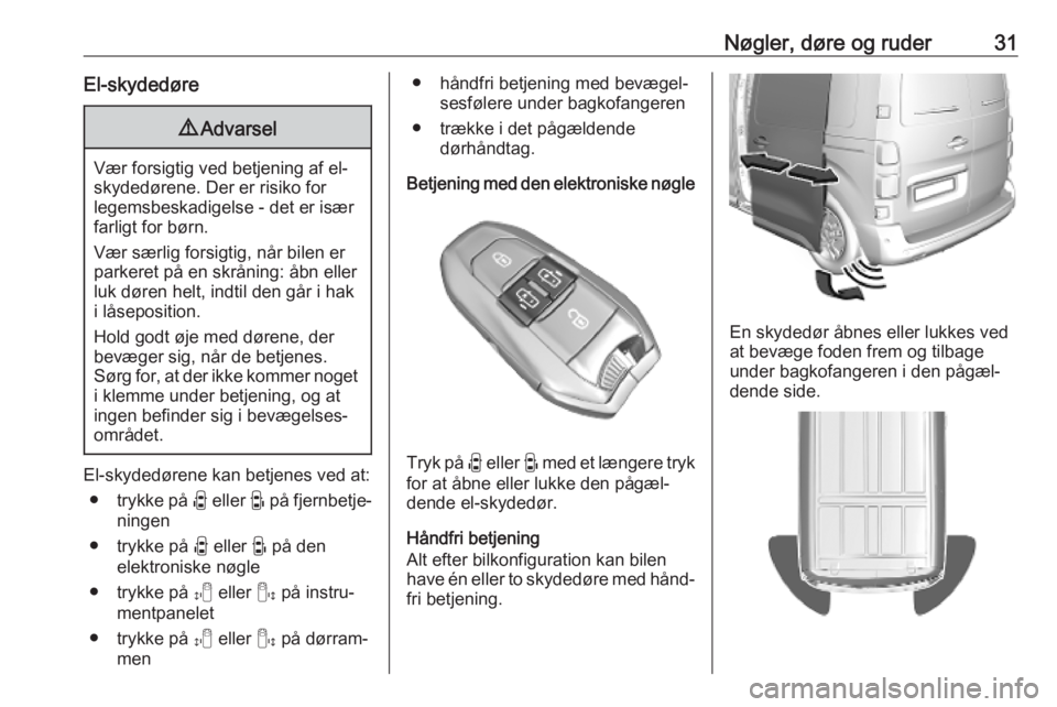 OPEL VIVARO C 2020  Instruktionsbog (in Danish) Nøgler, døre og ruder31El-skydedøre9Advarsel
Vær forsigtig ved betjening af el-
skydedørene. Der er risiko for
legemsbeskadigelse - det er især
farligt for børn.
Vær særlig forsigtig, når bi