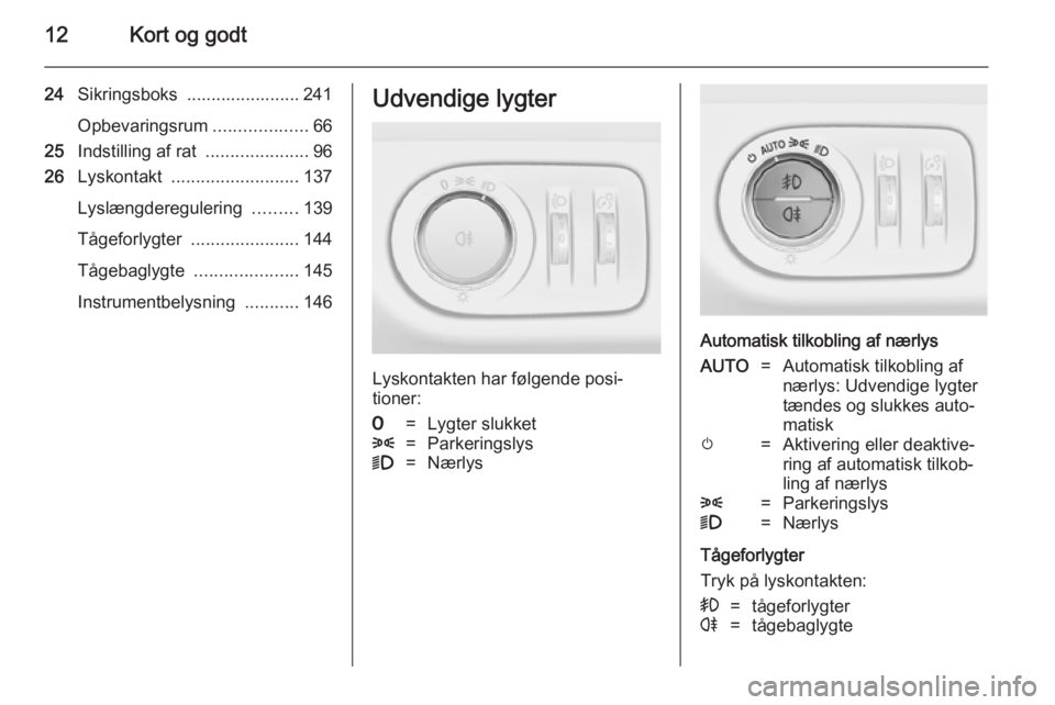 OPEL ZAFIRA C 2014 Instruktionsbog (in Danish) 12Kort og godt
24Sikringsboks ....................... 241
Opbevaringsrum ...................66
25 Indstilling af rat .....................96
26 Lyskontakt .......................... 137
Lyslængder OPEL ZAFIRA C 2014 Instruktionsbog (in Danish) 12Kort og godt
24Sikringsboks ....................... 241
Opbevaringsrum ...................66
25 Indstilling af rat .....................96
26 Lyskontakt .......................... 137
Lyslængder