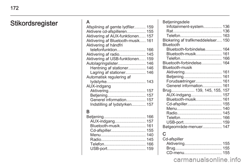 OPEL ZAFIRA C 2015  Instruktionsbog til Infotainment (in Danish) 172StikordsregisterAAfspilning af gemte lydfiler .........159
Aktivere cd-afspilleren ................155
Aktivering af AUX-funktionen .....157
Aktivering af Bluetooth-musik .....161
Aktivering af hå