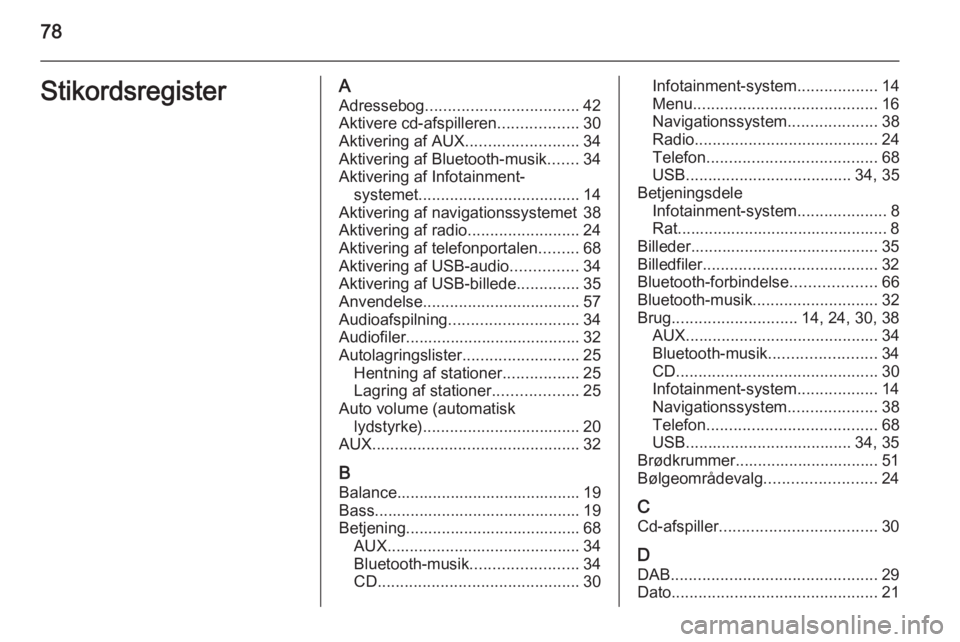 OPEL ZAFIRA C 2015  Instruktionsbog til Infotainment (in Danish) 78StikordsregisterAAdressebog .................................. 42
Aktivere cd-afspilleren ..................30
Aktivering af AUX .........................34
Aktivering af Bluetooth-musik .......34
A