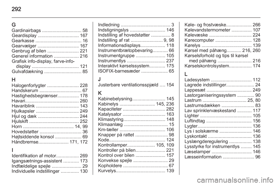 OPEL ZAFIRA C 2015.5  Instruktionsbog (in Danish) 292
GGardinairbags  .............................. 58
Geardisplay  ............................... 167
Gearkasse  ................................... 16
Gearvælger ................................ 16