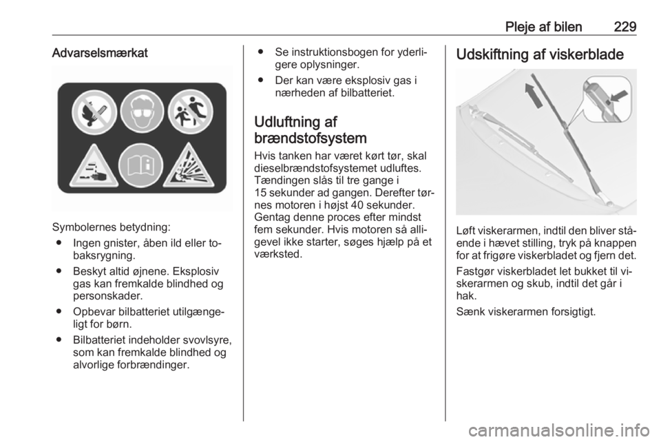 OPEL ZAFIRA C 2016.5  Instruktionsbog (in Danish) Pleje af bilen229Advarselsmærkat
Symbolernes betydning:● Ingen gnister, åben ild eller to‐ baksrygning.
● Beskyt altid øjnene. Eksplosiv gas kan fremkalde blindhed og
personskader.
● Opbeva