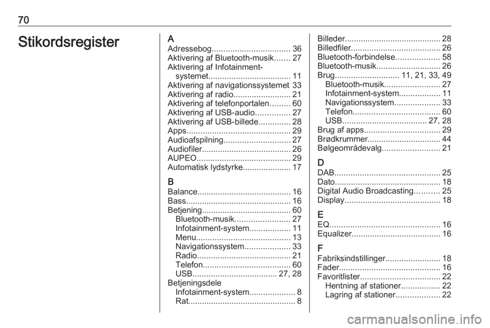 OPEL ZAFIRA C 2017  Instruktionsbog til Infotainment (in Danish) 70StikordsregisterAAdressebog .................................. 36
Aktivering af Bluetooth-musik .......27
Aktivering af Infotainment- systemet .................................... 11
Aktivering af n