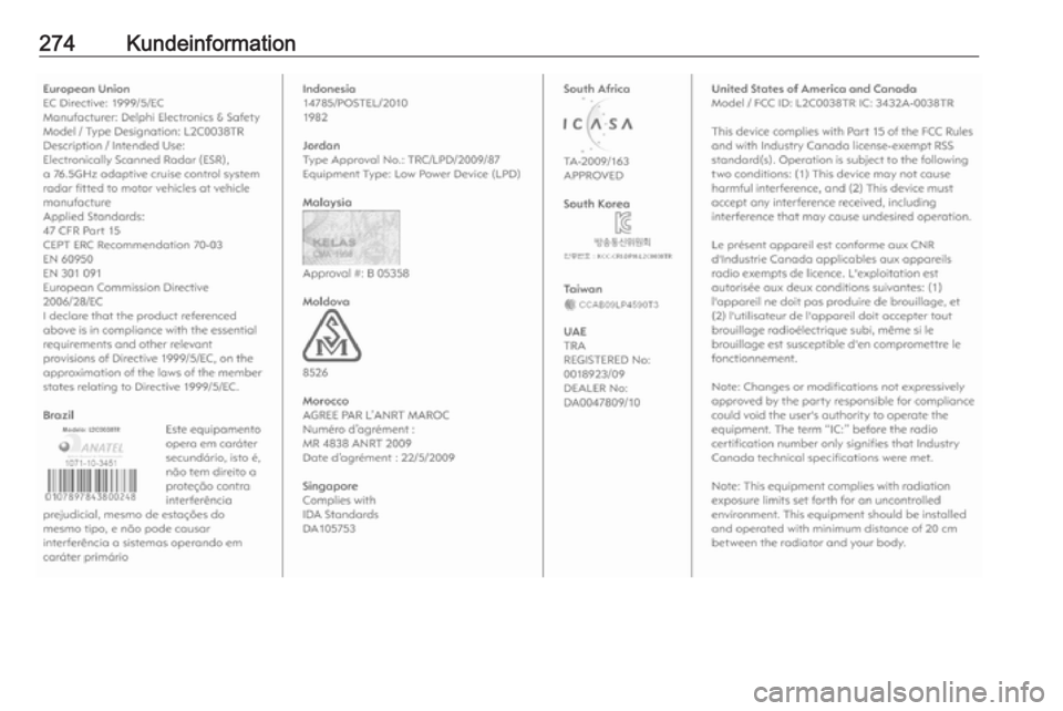 OPEL ZAFIRA C 2017 Instruktionsbog (in Danish) 274Kundeinformation OPEL ZAFIRA C 2017 Instruktionsbog (in Danish) 274Kundeinformation
