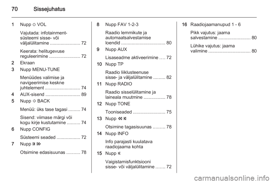 OPEL ADAM 2015  Infotainment-süsteemi juhend (in Estonian) 70Sissejuhatus
1Nupp  m VOL
Vajutada: infotainment-
süsteemi sisse- või
väljalülitamine ....................... 72
Keerata: helitugevuse
reguleerimine ........................ 72
2 Ekraan
3 Nupp M