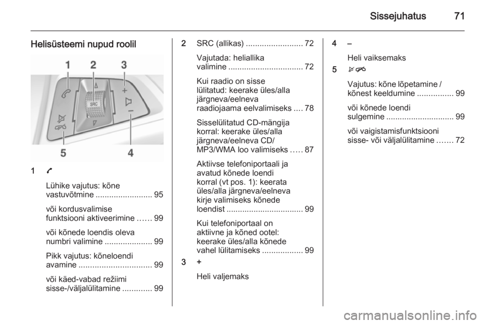 OPEL ADAM 2015.5 Infotainment-süsteemi juhend (in Estonian) Sissejuhatus71
Helisüsteemi nupud roolil
17
Lühike vajutus: kõne
vastuvõtmine ......................... 95
või kordusvalimise
funktsiooni aktiveerimine ......99
või kõnede loendis oleva
numbri OPEL ADAM 2015.5 Infotainment-süsteemi juhend (in Estonian) Sissejuhatus71
Helisüsteemi nupud roolil
17
Lühike vajutus: kõne
vastuvõtmine ......................... 95
või kordusvalimise
funktsiooni aktiveerimine ......99
või kõnede loendis oleva
numbri