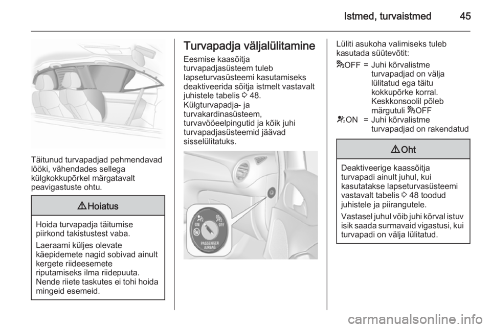 OPEL ADAM 2015.5  Omaniku käsiraamat (in Estonian) Istmed, turvaistmed45
Täitunud turvapadjad pehmendavad
lööki, vähendades sellega
külgkokkupõrkel märgatavalt
peavigastuste ohtu.
9 Hoiatus
Hoida turvapadja täitumise
piirkond takistustest vaba