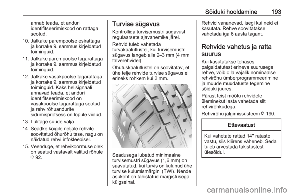 OPEL ADAM 2018.5  Omaniku käsiraamat (in Estonian) Sõiduki hooldamine193annab teada, et anduri
identifitseerimiskood on rattaga
seotud.
10. Jätkake parempoolse esirattaga ja korrake 9. sammus kirjeldatud
toiminguid.
11. Jätkake parempoolse tagaratt OPEL ADAM 2018.5  Omaniku käsiraamat (in Estonian) Sõiduki hooldamine193annab teada, et anduri
identifitseerimiskood on rattaga
seotud.
10. Jätkake parempoolse esirattaga ja korrake 9. sammus kirjeldatud
toiminguid.
11. Jätkake parempoolse tagaratt